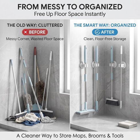 Broom Holder Wall Mount Adhesive 3 Pack Mop Holder Wall Mount, Broom Gripper, Broom and Mop Organizer Wall Hanging, No Drill Broom Hanger for Bathroom, Kitchen, Laundry Room, Garage Holds up to 4 lb in Kuwait