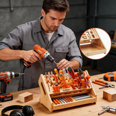Bamboo Screwdriver Organizer, Multi-Purpose Tool Holder with Drawer, Wooden Screwdriver Storage Rack for Screwdrivers, Pliers, Wrenches, Hand Tools in Kuwait