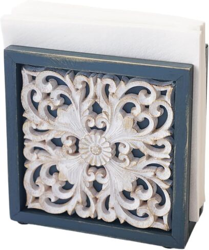 Carved Wood Napkin Holder - Freestanding Vintage Tissue Dispenser with 3 Color Options, 5.5"×5.5"×2.6" for Kitchen, Dining & Bathroom Decor (Rustic white) in Kuwait