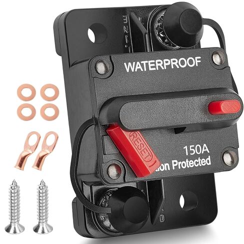RED WOLF 150A Circuit Breaker Manual Reset Switch, w/6 AWG-1/4 Wire Lugs Screw, M6 Stud for Marine Boat Trolling Car Electronic Battery Solar System DC 12-48V Inline Fuse Kit IP67 Waterproof in Kuwait