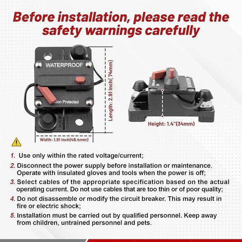 RED WOLF 150A Circuit Breaker Manual Reset Switch, w/6 AWG-1/4 Wire Lugs Screw, M6 Stud for Marine Boat Trolling Car Electronic Battery Solar System DC 12-48V Inline Fuse Kit IP67 Waterproof in Kuwait