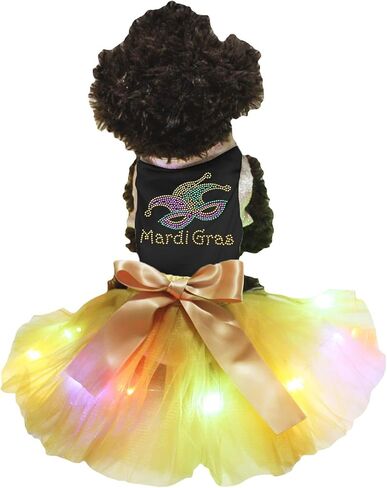 Petitebella Rhinestones Mardi Gras Eye Mask Puppy Dog Dress (Black/Gold LED, Small) in Kuwait