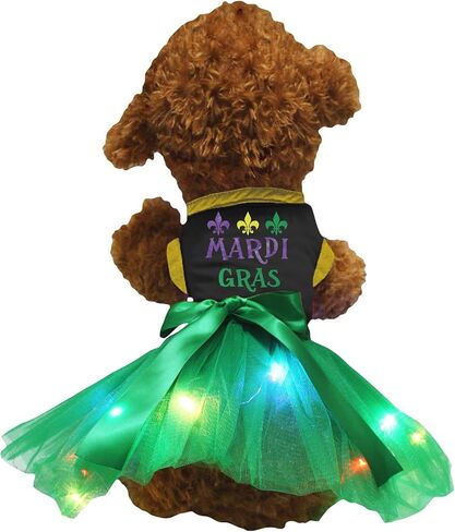 Petitebella Mardi Gras Puppy Dog Dress (Black/Green LED, Medium) in Kuwait
