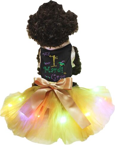 فستان Petitebella My 1st Mardi Gras Puppy Dog (أسود/ذهبي LED، صغير) in Kuwait