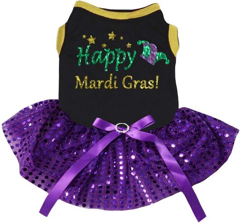Petitebella Happy Mardi Gras Clown Hat Puppy Dog Dress (Black/Gold LED, X-Small) in Kuwait