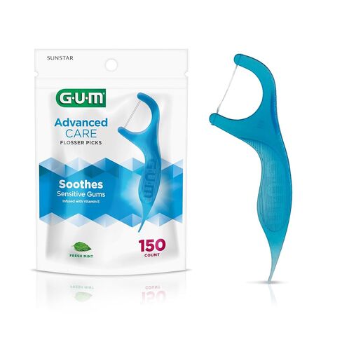 GUM Advanced Care Floss Picks - Dental Flossers for Adults with Vitamin E and Fluoride - Extra Strong Shred-Resistant Dental Floss, Easy Grip Handle, Fresh Mint Flavor, 150 Count in Kuwait