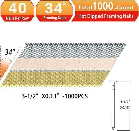 مسامير تأطير 34 درجة، ساق حلقية، 3-1/2 بوصة: 1000 قطعة | حزمة أظافر برأس على شكل حرف D، مسامير شريطية من الورق المجلفن بالغمس الساخن، لمسمار تأطير من 30 إلى 34 درجة in Kuwait