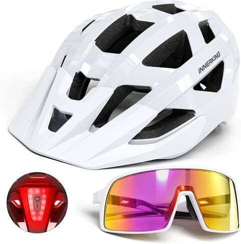 Adult Bike Helmet & Cycling Sunglasses Set with LED Rear Ligh for Men Women | M&L,Mountain Bicycle Helmet,USB Rechargeable Rear Light,Safety Certified,UV Protection Glasses,Commuting&Riding,Fit Well in Kuwait