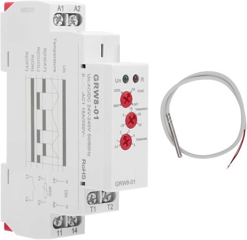 Temperature Control Relay, AC/DC 24V-240V DIN Rail Temperature Controller Thermostat GRW8-01 16A with Sensor Probe Heating and Cooling Mode in Kuwait
