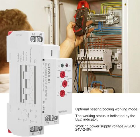 Temperature Control Relay, AC/DC 24V-240V DIN Rail Temperature Controller Thermostat GRW8-01 16A with Sensor Probe Heating and Cooling Mode in Kuwait
