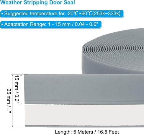 Silicone Seal Strip, 16.5FT Self Adhesive Door Draft Stopper 25MM Silicone Soundproof Gap Replacement Strip Roll for Window, Door, Grey in Kuwait