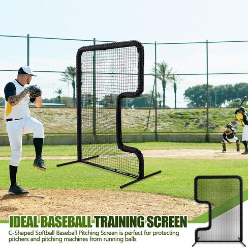 Seenelling Standard C Shaped Pitching Screen Softball Baseball Pitcher Pitching Machine Protector with Frame Cover Carry Bag, 7'H x 5'W 45 Ply Netting with 3'' x 18'' Cutout 1.5'' Diameter Frame in Kuwait