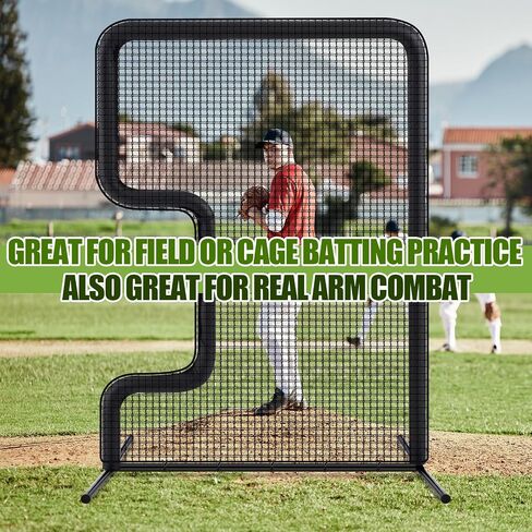 Seenelling Standard C Shaped Pitching Screen Softball Baseball Pitcher Pitching Machine Protector with Frame Cover Carry Bag, 7'H x 5'W 45 Ply Netting with 3'' x 18'' Cutout 1.5'' Diameter Frame in Kuwait