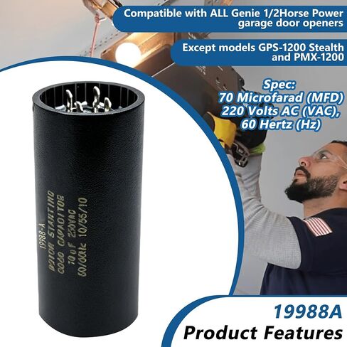 2-حزمة 19988-A مكثف بدء تشغيل باب المرآب متوافق مع فتاحات Genie 1/2 HP، 70 MFD 220VAC 60 هرتز، استبدال مكثف بدء تشغيل المحرك، يستبدل 19988 وX-19988-A in Kuwait