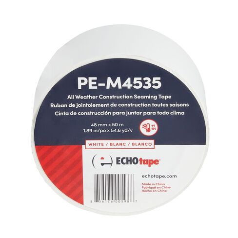 شريط صدى PE-M4535 | شريط التماس البناء لجميع الأحوال الجوية | شريط البناء الداخلي والخارجي | مقاومة للأشعة فوق البنفسجية | شريط إغلاق للتغليف المنزلي | شريط حاجز البخار | أبيض | 2.83 بوصة × 54.6 ياردة in Kuwait