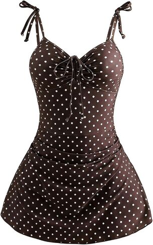 Floerns Women's Polka Dots One Piece Swimsuit Tie Shoulder Tummy Control Swimdress with Skirt in Kuwait