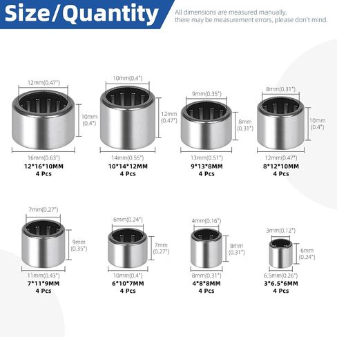 Glarks 32pcs 3/4/6/7/8/9/10/12mm Needle Roller Bearings Kit, Track Roller Bearings Open End, Drawn Cup Needle Roller Bearing, Drawn Cup Roller Open End for Automotive, Machinery, Gearbox Use in Kuwait