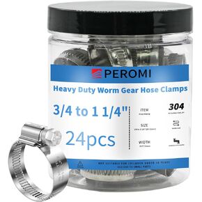 Hose Clamps, PEROMI 304 Stainless Steel Worm Gear Drive Mini Hose Clamp Adjustable Range 3/4" to 1-1/4", Heavy Duty Metal Fuel Line Pipe Clamp for Plumbing, Automotive And Mechanical, 24pcs