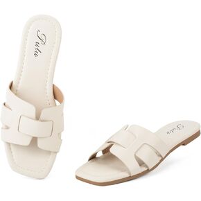 Putu Women's Flat Sandals Dressy Summer Sandals H-Band Slides with Square Open Toe