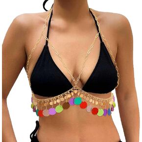 Evivin Sequins Body Chain Gold Sexy Chest Chains Colorful Mirror Tassel Bikini Chain Bra Beach Rave Club Festival Body Jewelry Accessories for Women and Girls