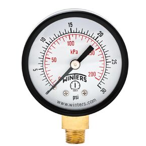 Winters 2 inch Dial Size, Economy Utility Dry Pressure Gauge, Brass Internals, Black Steel Case, Dual Scale 0-300 psi/kPa, 3-2-3% Accuracy, 1/8 inch NPT Bottom Mount, Multi Function Pressure Gauge