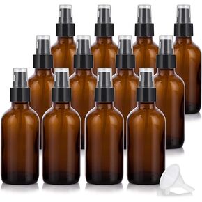 JUVITUS 4 oz Amber Glass Boston Round Bottle with Black Treatment Pump (12 pack) + Funnel