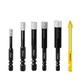 Dry or Wet Diamond Drill Bits Set 6 PCs - 1/4" 3/16"5/16" 3/8" 1/2", and 1/4" Carbide Drill bit Diamond Hole Saw Kit with Hex Shank for Granite, Ceramic Tile Stone, Marble Porcelain, Glass