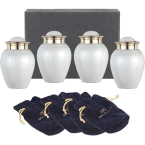 Everlasting Pearl White Mini Urn for Human Ashes | Set of 4 Keepsake Memorial Urns Burial Ash Storage Decorative Urns with Paper Funnel Velvet Carry Bag and Gift Box