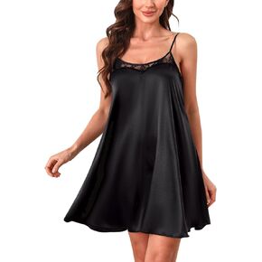 ouansyltg Women's Satin Nightgown Sexy Lingerie Silk Slip Dress Lace Trim Chemise Sleepwear Sleeveless Nightshirt