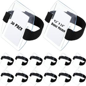 30 Pcs Arm Badge Holder Armband ID Card Holder with Hook and Loop Fastener Clear Plastic Name Tag Badge Holder, Universal Size (Black)