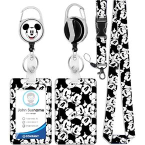 Akkya ID Badge Holder with Lanyard and Retractable Badge Reel Belt Clip, Cute Cartoon Mouse Key Keychain Lanyards Clip On Badge Extender Vertical ID Sleeve for Women-Black&White