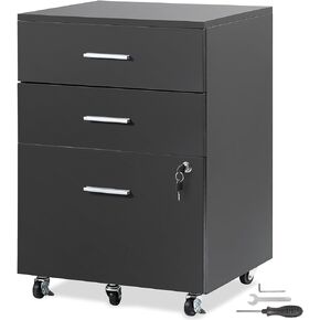 VEVOR File Cabinet, 3-Drawer Wood Filing Cabinet, Locking Office Cabinet for Letter/A4 Size, File Cabinet with 5 Wheels for Home Office, Black