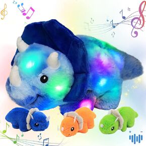Hopearl LED Musical Stuffed Dinosaur Playset Lighting Up Singing Plush Toy Mommy Triceratops with 3 Babies in her Tummy Adjustable Volume Lullaby Animated Soothe Gifts for Toddlers Boys, Blue, 15"
