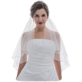 SAMKY 2T 2 Tier Pearls Silver Beaded Bridal Wedding Veil