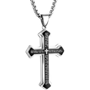 LeapoFaith Cross Pendant for Car Rear View Mirror Hanging Cross Charm Car Interior Mirror Accessories Decor Ornament Jesus Cross Necklace Lord's Prayer Men Women Christian Gift (Stripe Black)