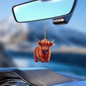 Highland Cow Car Hanging Ornament Acrylic Scottish Highland Cow Car Mirror Hanging Accessories Farm Animal Lover Gift,3.54in