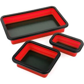 3pcs Collapsible Magnetic Parts Tray, 3 Sizes Tool Tray Insulating & Magnetic Base Organize Small Parts & Tools Silicone Folding Bowl for Mechanic's for Bolts Screws Nuts Washers Pins(Red)