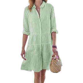 utcoco Women Striped Button Down Midi Shirt Dress Casual Loose Cuffed Long Sleeve Mid Long Dresses (X-Large, Green)