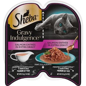 Sheba Gravy Indulgence Adult Wet Cat Food (24 Count, 48 Servings), Salmon Entrée in Extra Gravy, Easy Peel Twin-Pack Trays