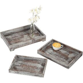 MyGift Vintage White Wood Decorative Tray, 3-Piece Wooden Serving Tray, Display Ottoman Coffee Table Tray