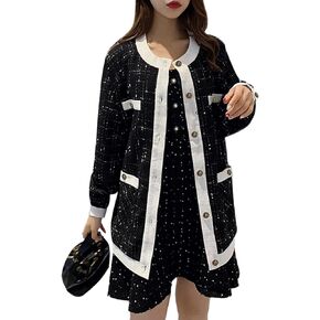 Xaspee Women's Tweed Blazer Jacket Collarless Long Sleeve Button Down Loose Plaid Jackets with Pockets