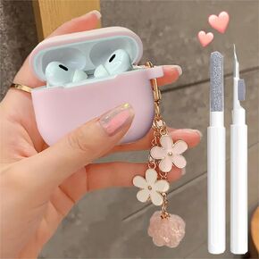 Cute Black for Airpods 3rd Generation Cover for Girl Women with Pom pom Flower Keychain & Cleaner Kit, Soft Silicone Airpods iPod 3rd Gen Protective Cover Skin for Airpods 3rd Gen