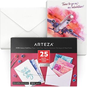 ARTEZA Blank Watercolor Cards with Envelopes, Set of 25, 5x6.9 Inches, 140 lb Watercolor Postcards, 100% Cotton Note Cards