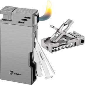 Pipe Lighter with Pipe Stand, Refillable Butane Lighter with Stainless Steels 3 Pipe Tools Cleaner, 5 in 1 Soft Flame Lighter, Portable Pipe Lighters for Outdoor Indoor with Gift Box (Ash Gray)