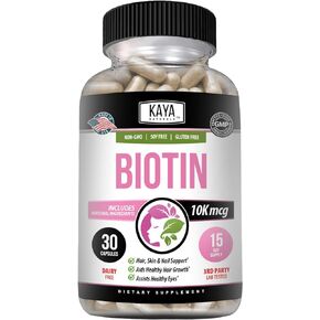 Kaya Naturals Biotin 10,000mcg Hair Growth Vitamins - Strong Nails, Healthy Skin Supplement for Women and Men - Healthier Hair & Skin - 30 Count