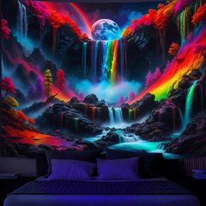 SparkLia Blacklight Waterfall Planet Tapestry UV Reactive Trippy Tapestry Fantasy Landscape Mountain Wave Neon Nature Wall Tapestry for Bedroom - 59 x 51 inches