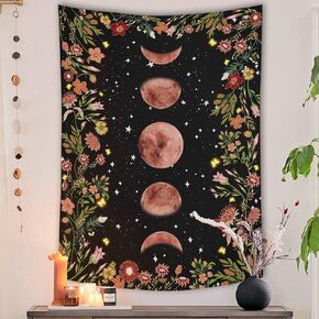 Rexful Moonlit Garden Tapestry, Moon Phase Surrounded by Plants and Flowers Black Wall Hanging Blanket 60×80 inch