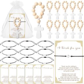 Ecation 24 Sets First Communion Favor for Guests 24 Pcs Wood Finger Rosary Mini Pocket Rosary 24 Pcs Cross Bracelet Religious Bracelets and Organza Bags Baptism Favors for Baby Shower Birthday Party
