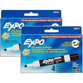 EXPO 82074 Low-Odor Dry Erase Markers, Bullet Tip, 4 Assorted Colors (Black, Blue, Green and Red), 2 Blisters of 4 Markers Each, Total 8 Assorted Color Markers