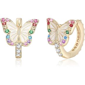 Butterfly Earrings for Women Girls Hypoallergenic Colorful CZ 14K Gold Plated Butterfly Huggie Hoop Earrings Small Tiny Hoops
